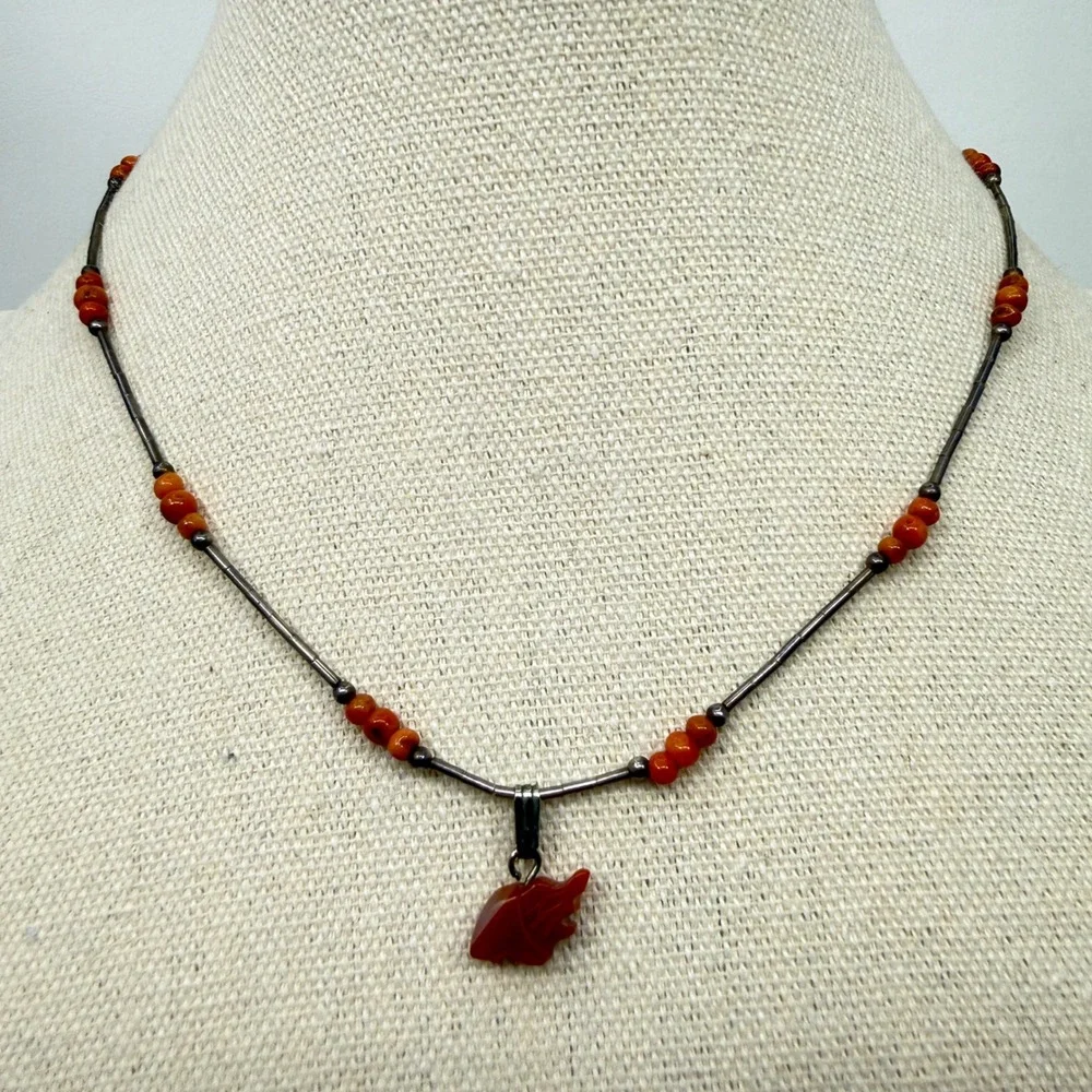 Southwestern Liquid Silver Beaded Necklace Red Stone Animal Fetish Pendant